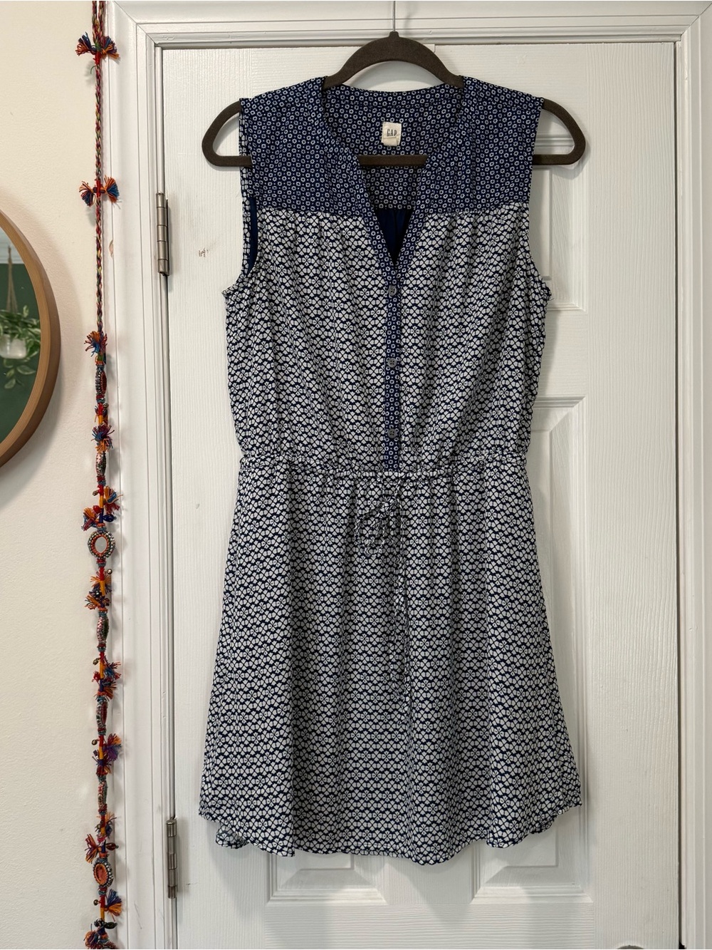 GAP Navy and White Printed Sleeveless Tie-Waist Mini Dress